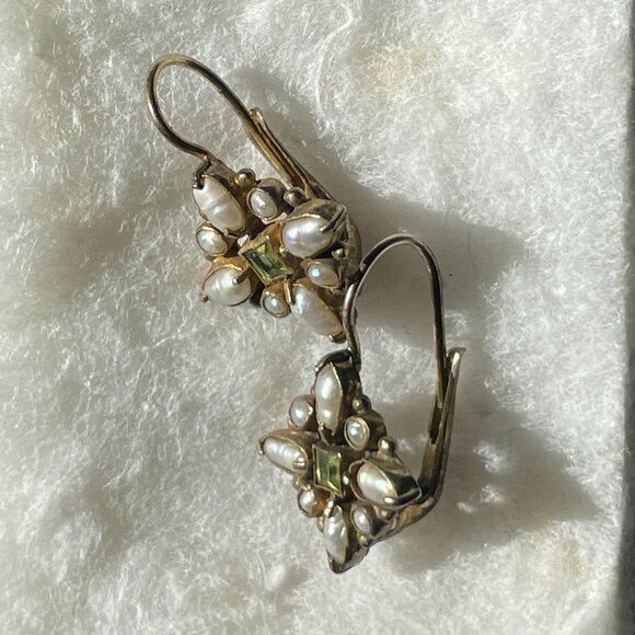 Victorian-Inspired Peridot and Seed Pearl Earrings - Picture 1 of 6